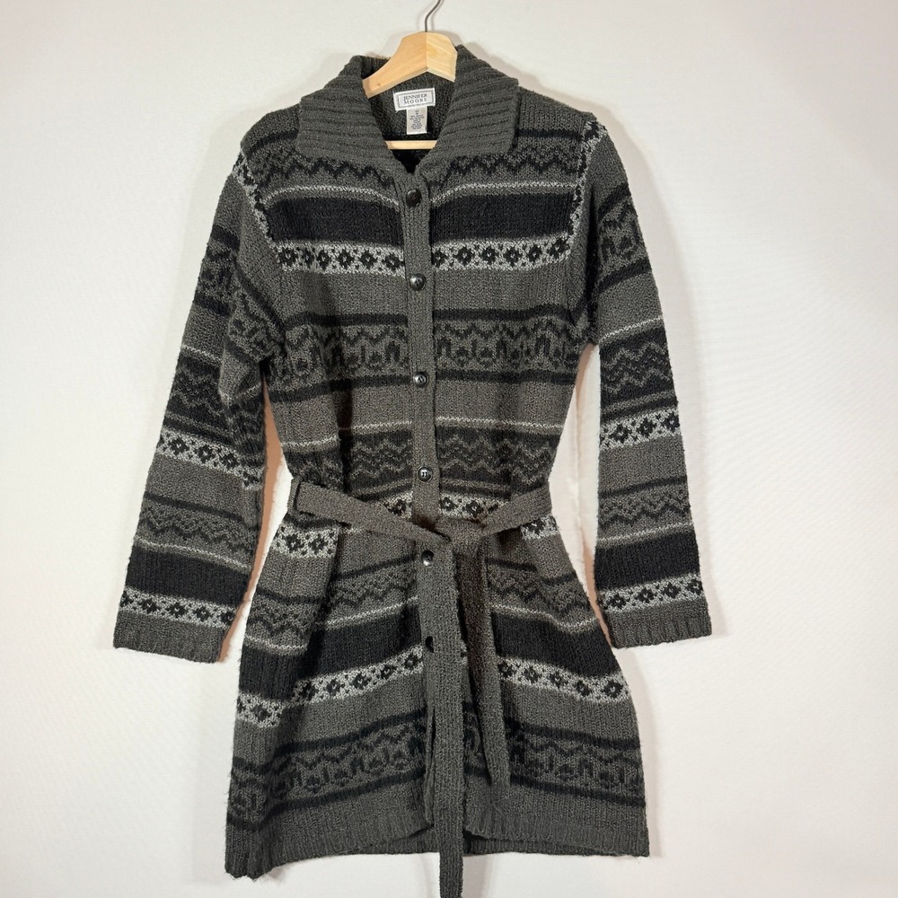 Jennifer Moore Womens‎ Medium Sweater Grey Fair Isle Longline Belted Grandpacore